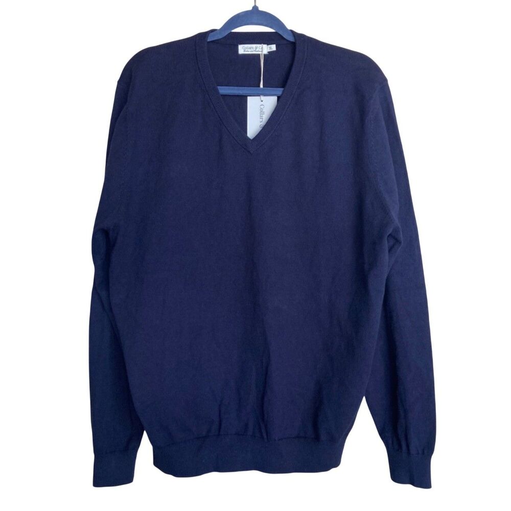 Collars & Co Luxury Touch Cotton Cashmere V-Neck Sweater Navy Blue XL NWT